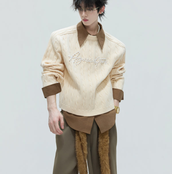 Fake Two-piece Design Thickened Sweater Pearl Embellished Knitted Top