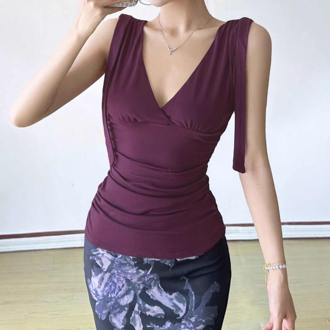 Deep V-neck Strap Pleated Bust Vest Spicy Girl-style Vintage Versatile Figure-hugging Top