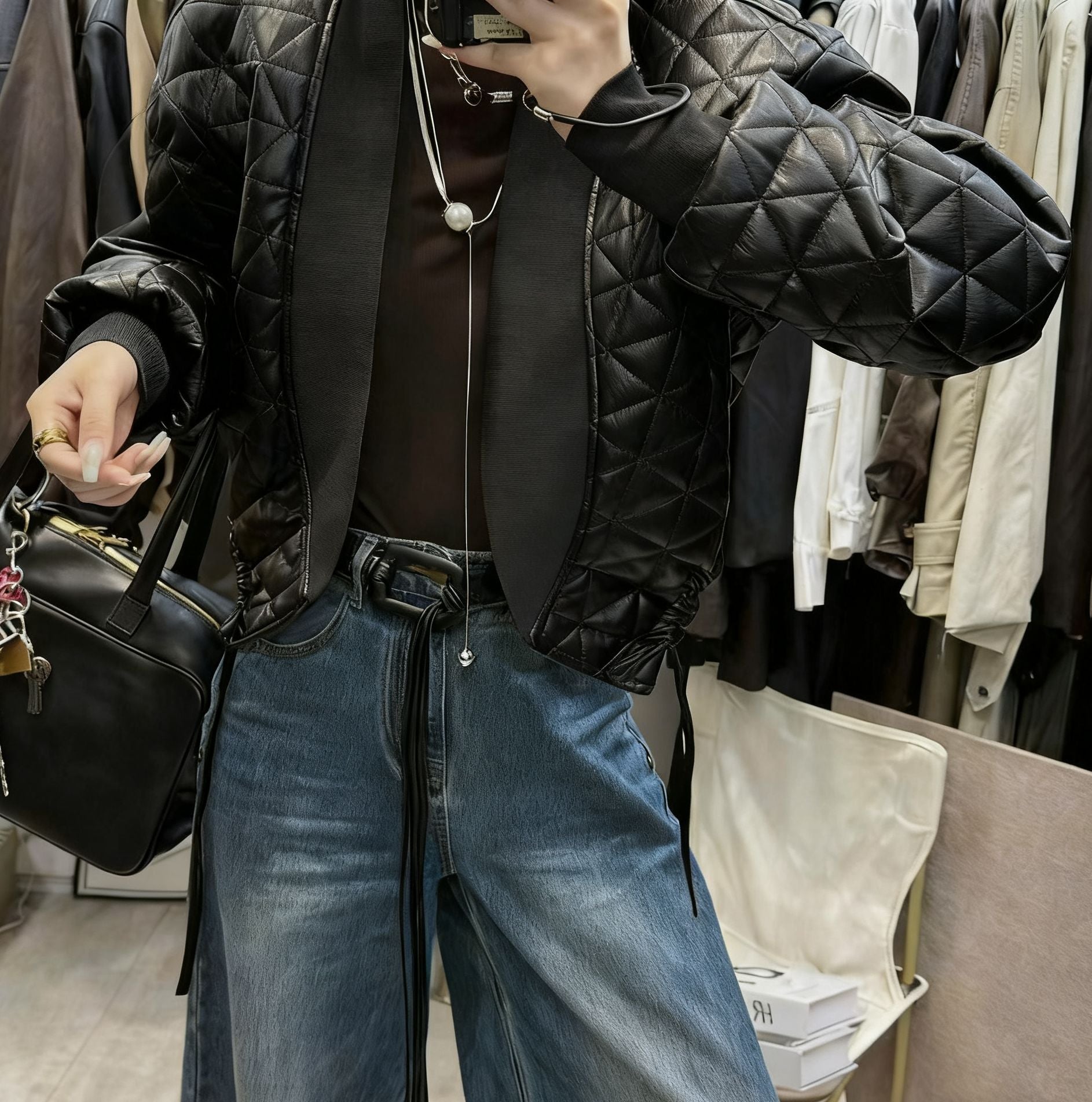 Temperament Long-sleeve Plaid Loose Cotton-padded PU Leather Jacket