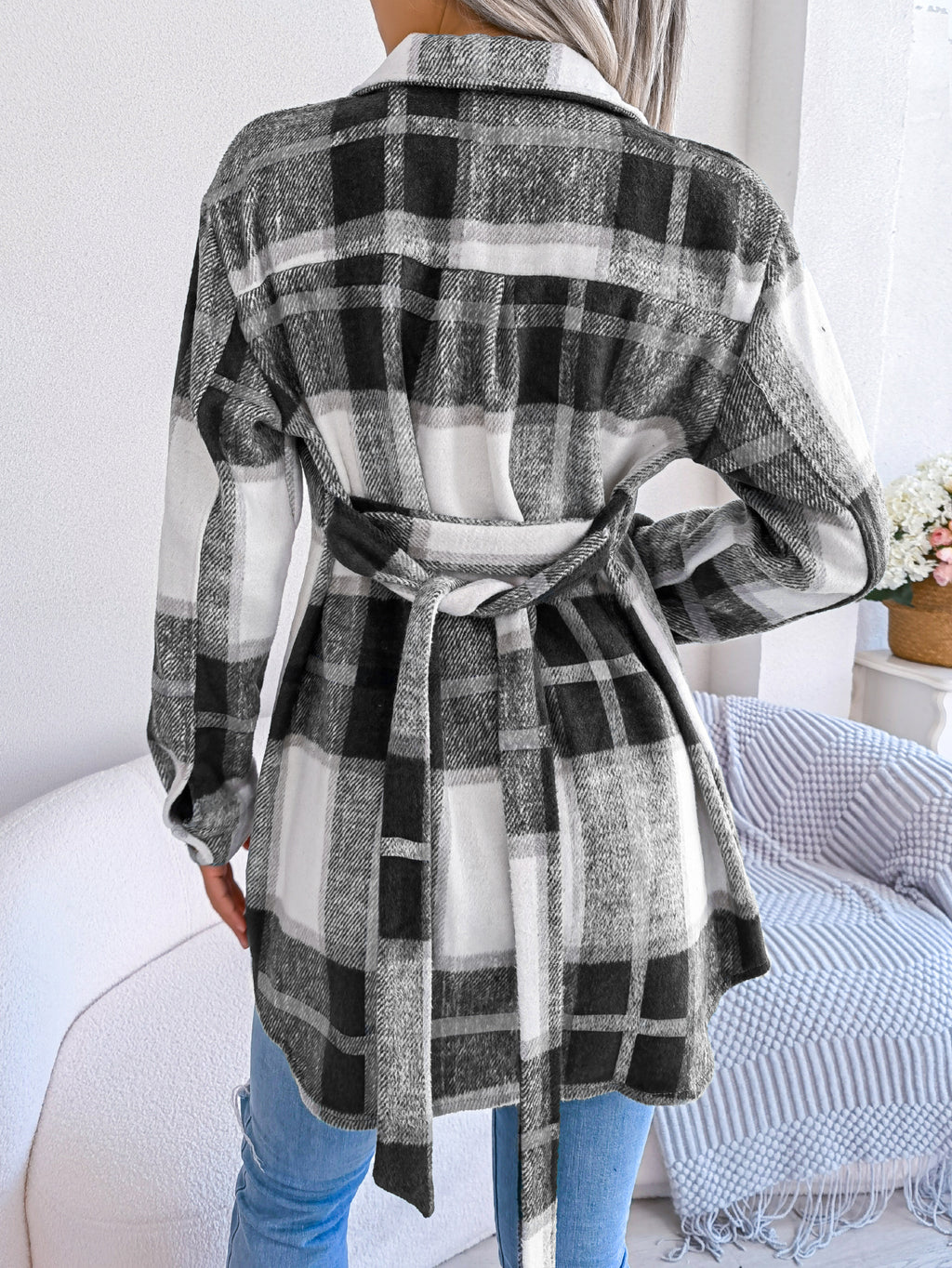Women's Color-Blocked Plaid Long Sleeve Tie-Waist Thick Tweed Coat