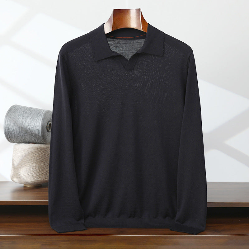 Men's Thin Worsted Pure Wool Sweater POLO Lapel Shirt