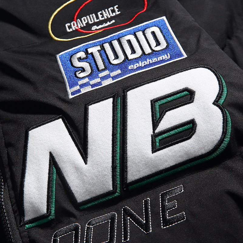 Men's Solid Color Racing Elements Embroidered Letter Stand Collar Jacket