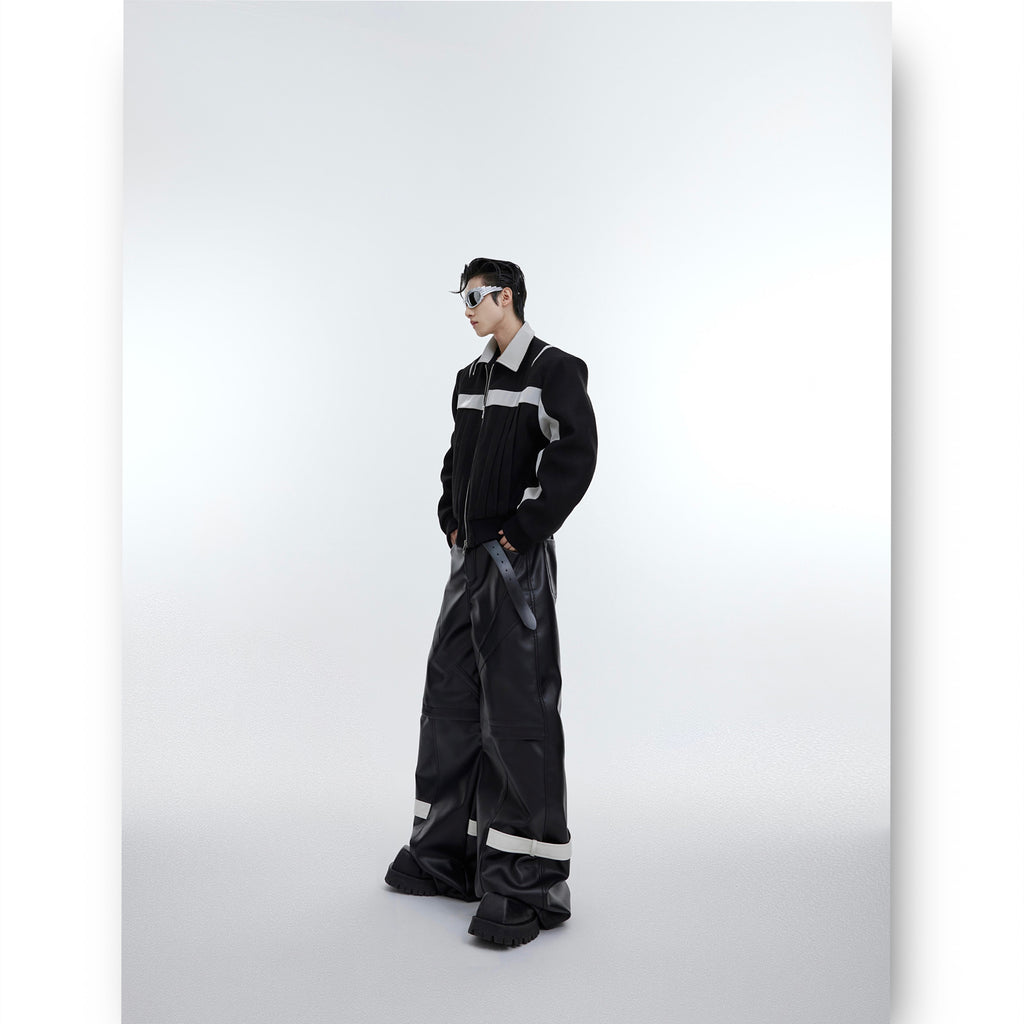 Bright PU Leather Patchwork Woolen Jacket