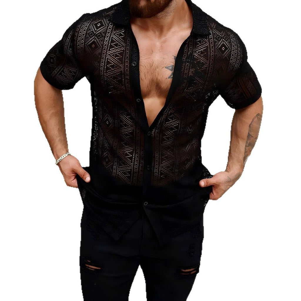 Men's Casual Lace Transparent Short-sleeved Shirt