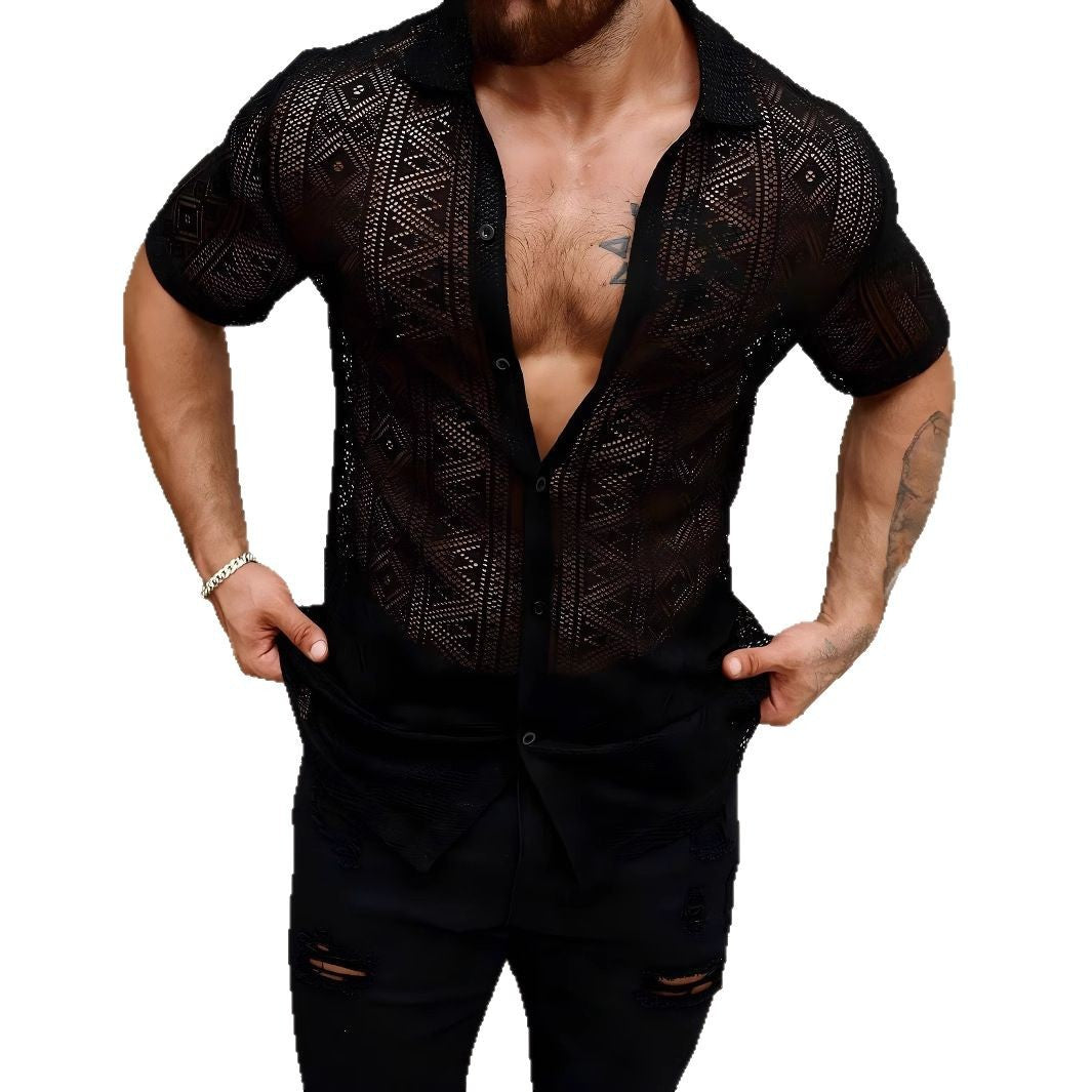 Men's Casual Lace Transparent Short-sleeved Shirt