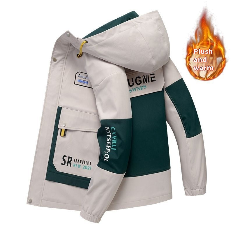 Outdoor Fleece-lined Warm Korean Style Leisure Trendy Hooded Multicolor Printing Jacket