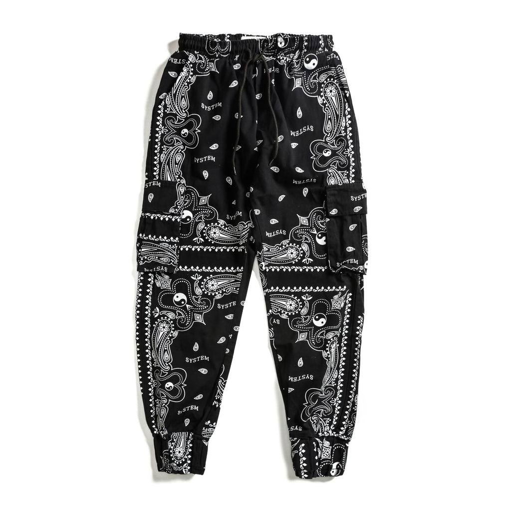 Men's black cashew flower print pocket casual pants
