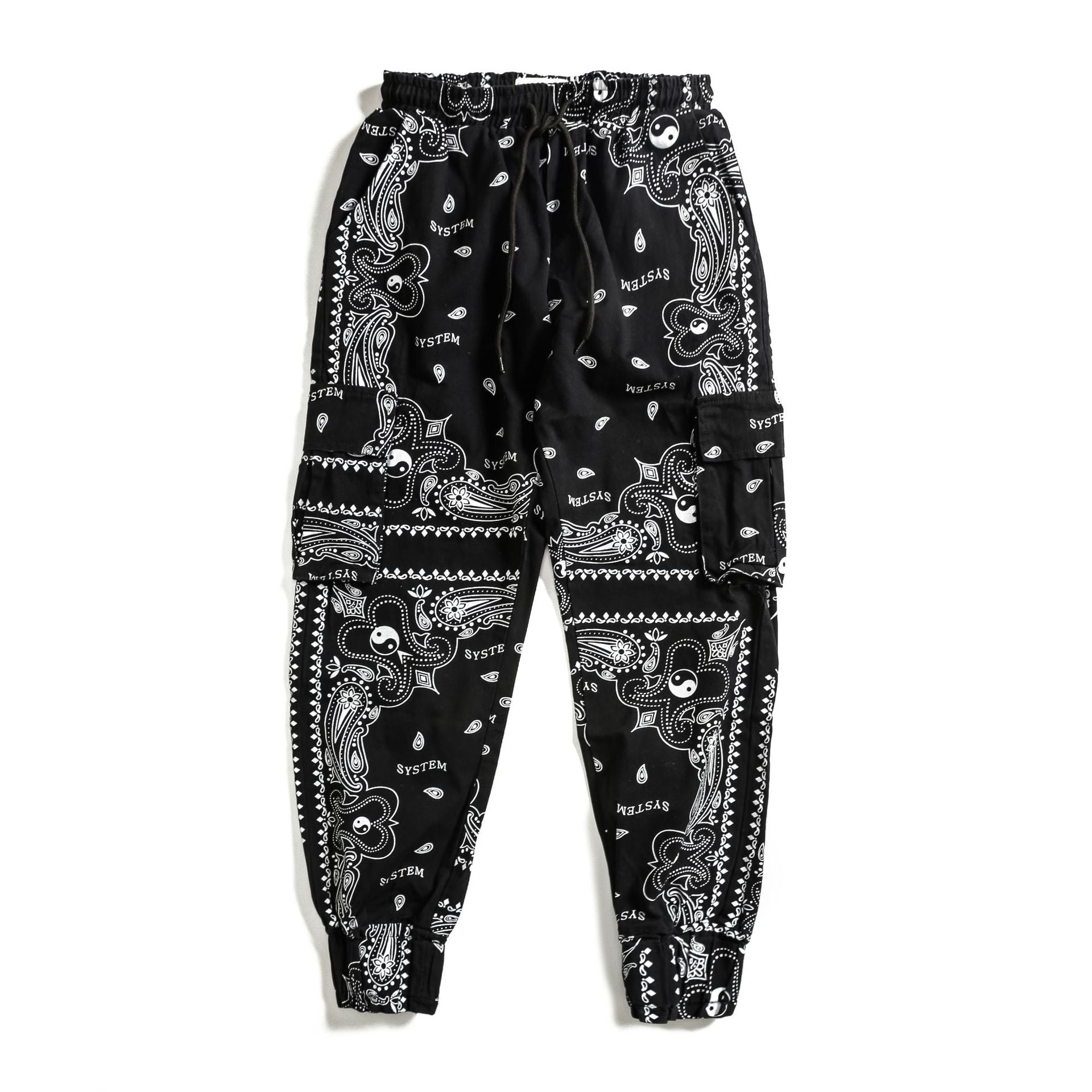 Men's black cashew flower print pocket casual pants