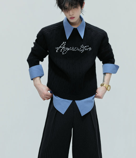 Fake Two-piece Design Thickened Sweater Pearl Embellished Knitted Top