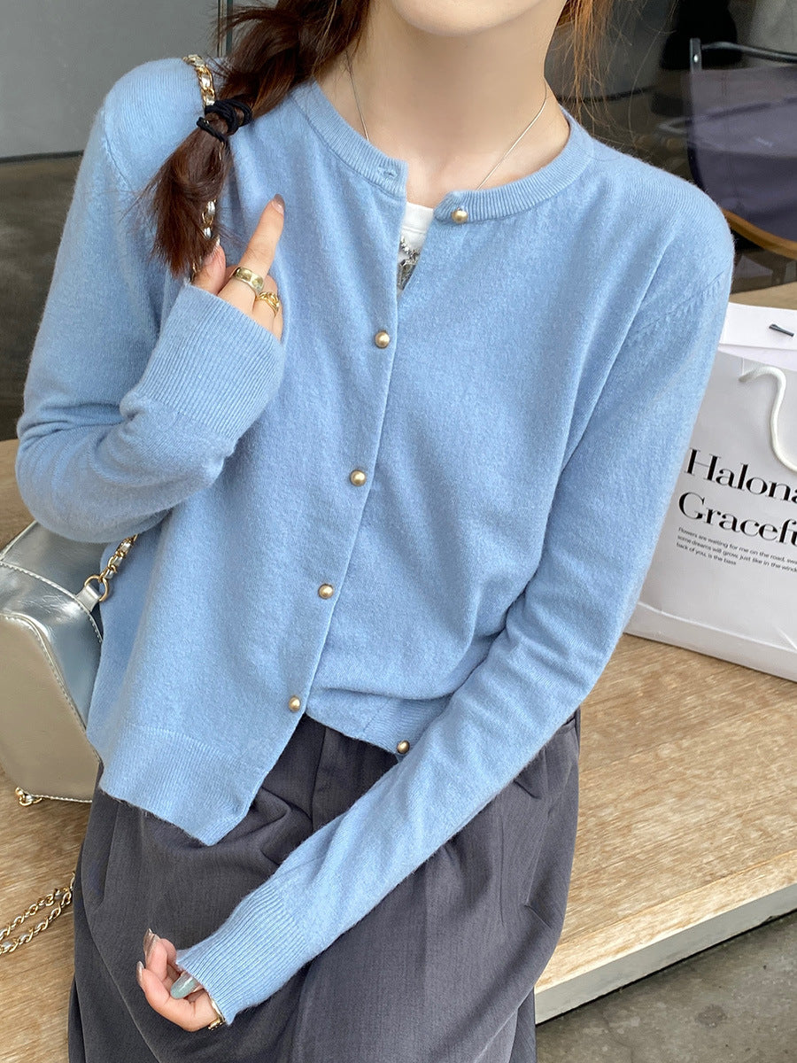 Gray Knitted Cardigan Women's Autumn Outerwear High-grade Sweater Coat