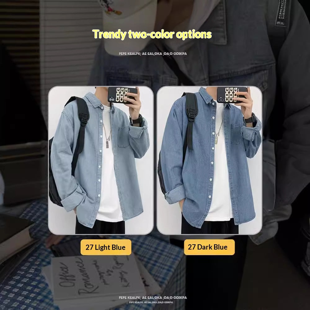 New Hong Kong Style Handsome Design Blue Denim Long Sleeve Shirt