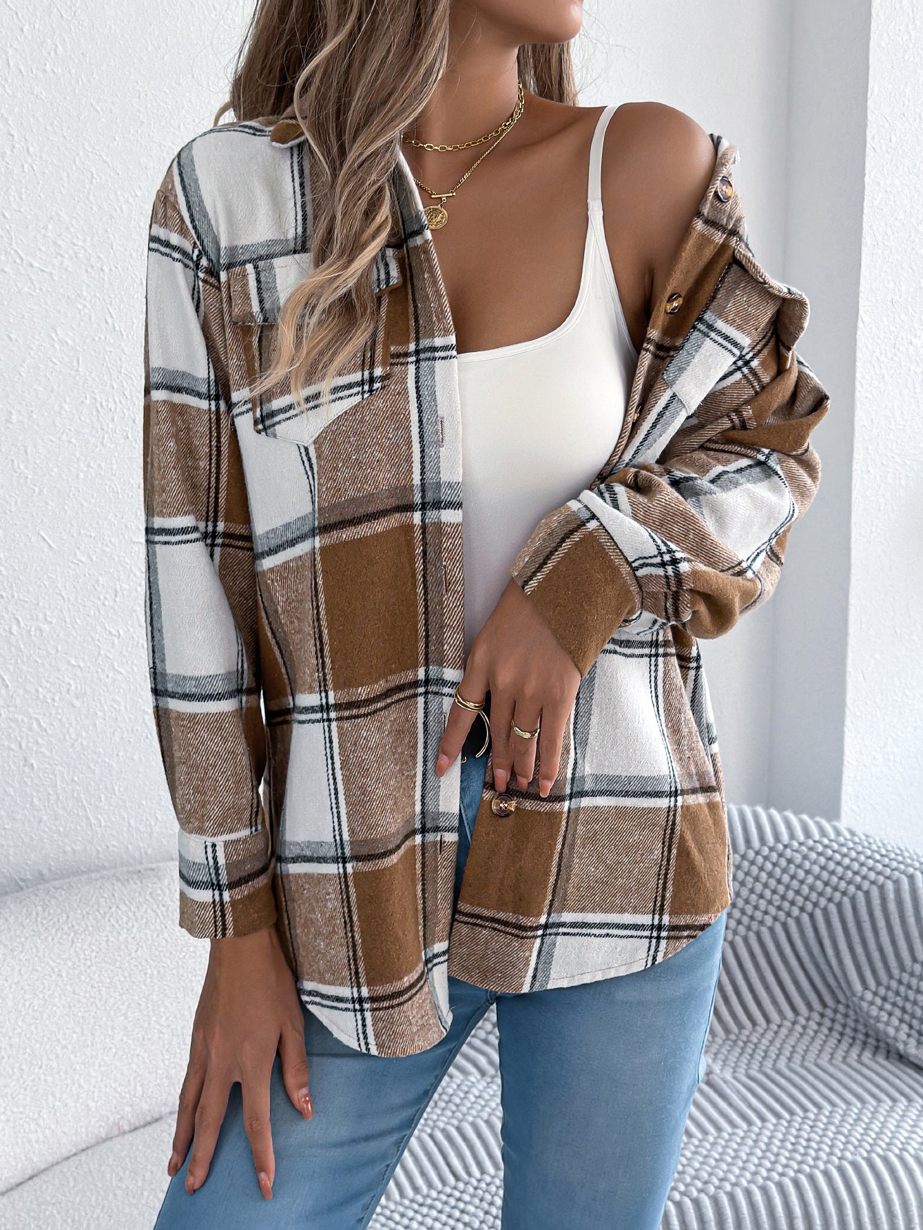 Women's Casual Plaid Fake Pocket Long Sleeve Tweed Mid-Length Coat
