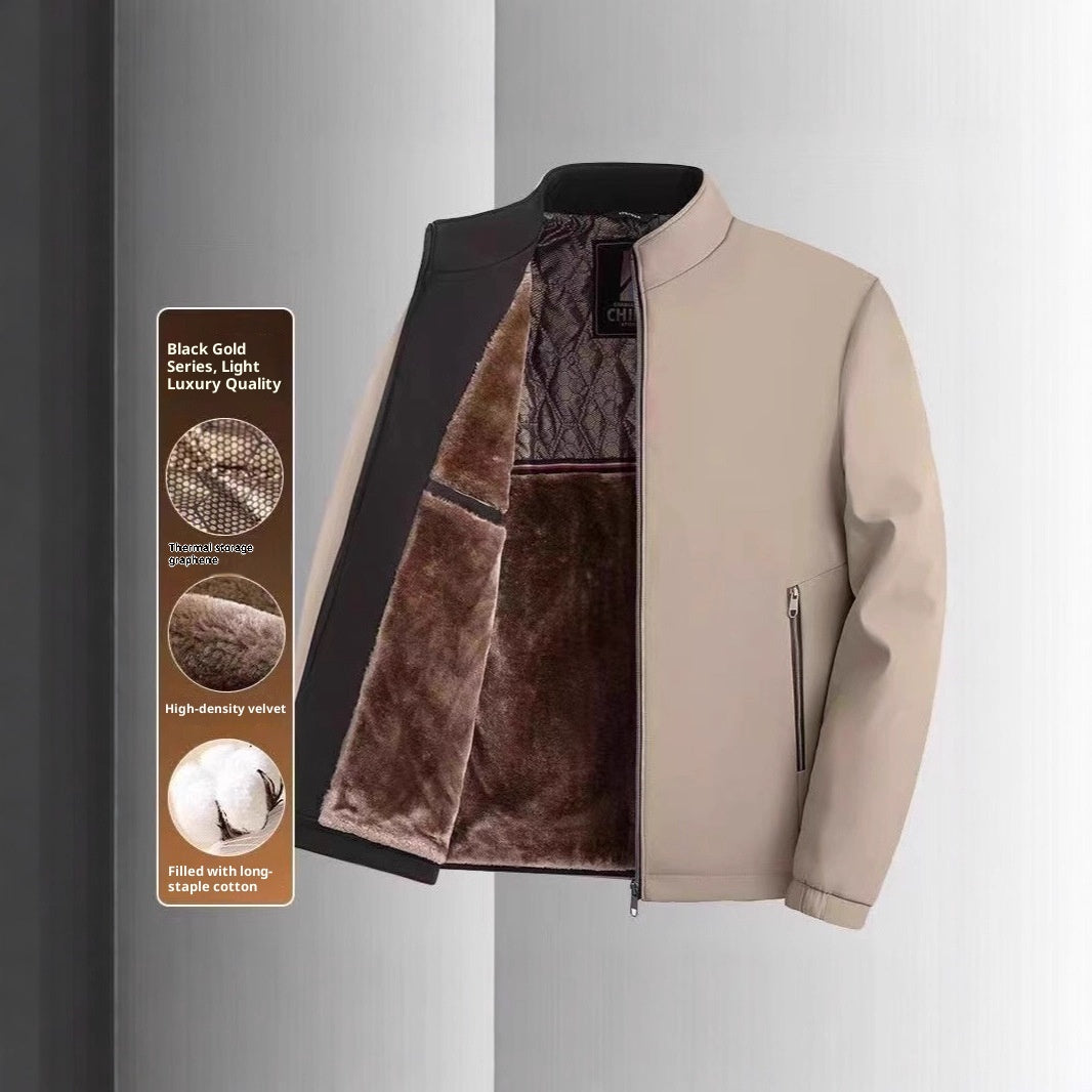 Middle-aged And Elderly Men's Fleece-lined Stand Collar Thickened Mid-aged Graphene Jacket Casual Warm High-end Coat