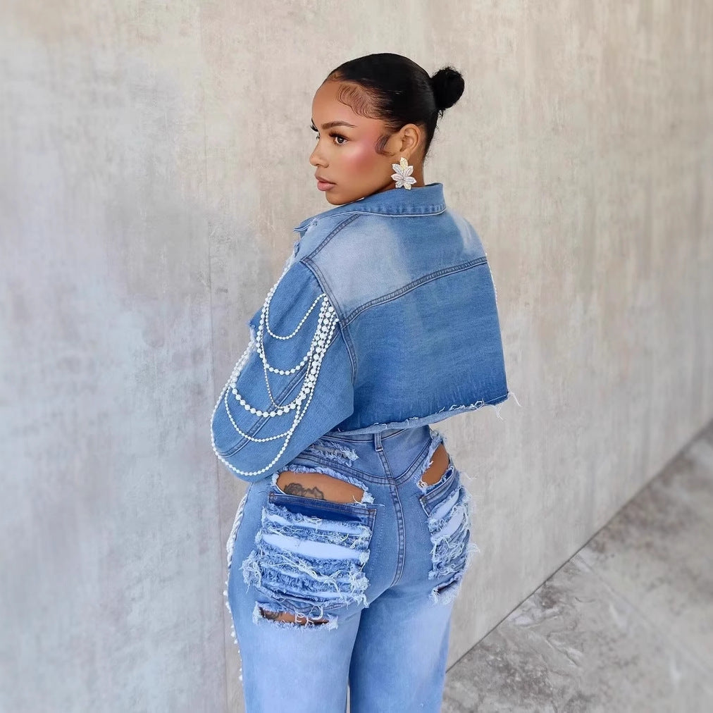 Fashionable Pearl-Chain Hand-Embroidered Beaded Denim Jacket