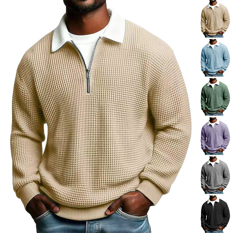 Men's Solid-Color Waffle-Weave Long-Sleeve Lapel Zip-Up Shirt
