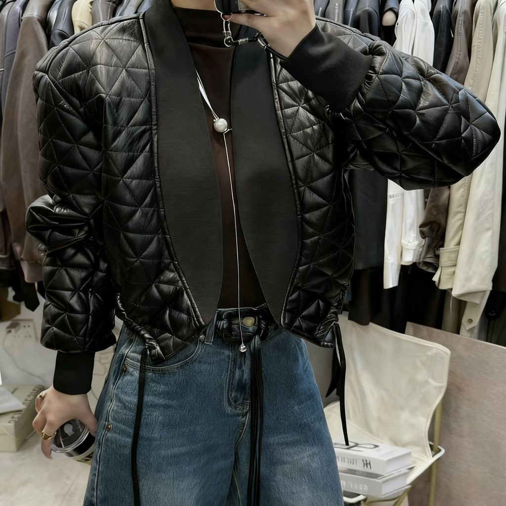 Temperament Long-sleeve Plaid Loose Cotton-padded PU Leather Jacket