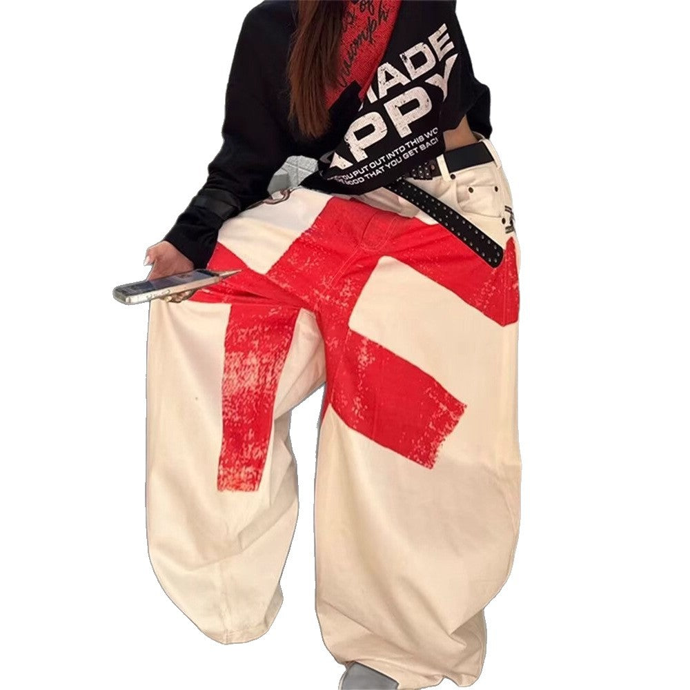 American Retro Heavy-duty Design Graffiti Print Wide-leg Pants