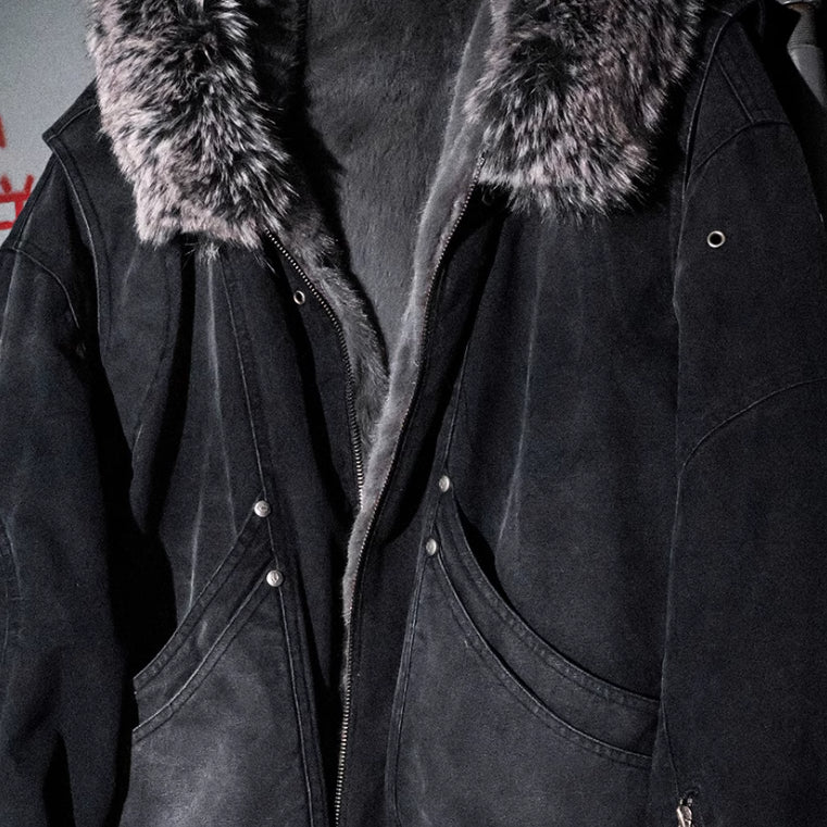 Fur Collar Washed Canvas Split Mountain Carving Jacket