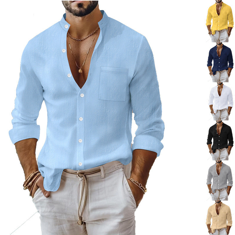 Solid-color Cotton-linen Shirt, Mandarin-collar Cardigan, Long-sleeve Business-casual Shirt