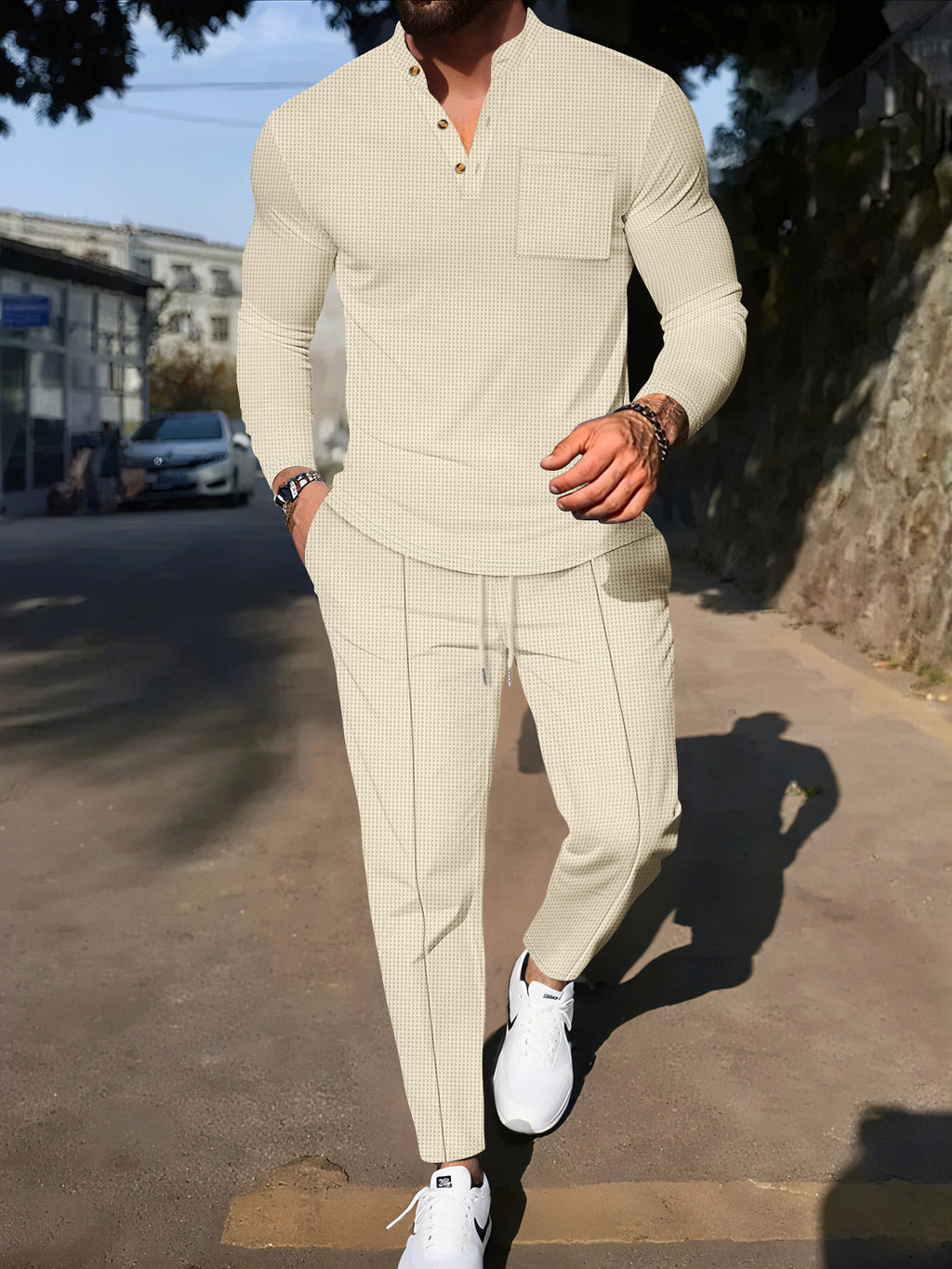 Men's Waffle Henley Neck Pants Long Sleeve T-Shirt Casual Set