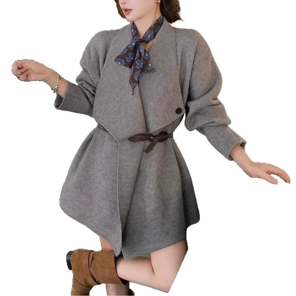 Irregular Lapel Mid-length Knitted Cardigan Casual Laid-back Style