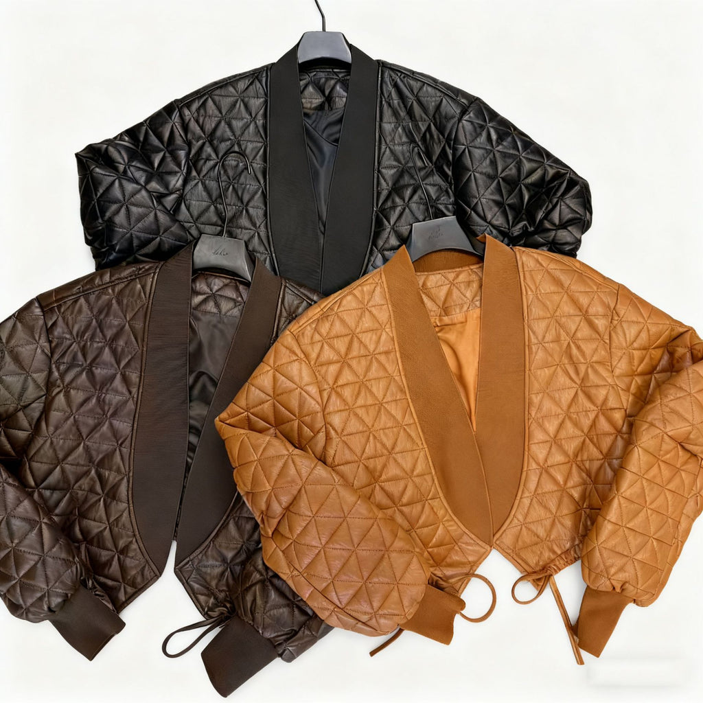 Temperament Long-sleeve Plaid Loose Cotton-padded PU Leather Jacket