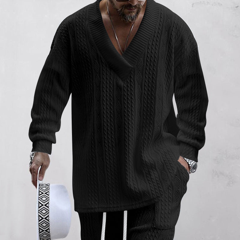 European And American Style Men's Clothing Jacquard Loose-fitting Knitted Solid Color Casual V-neck Long-sleeve Knitwear