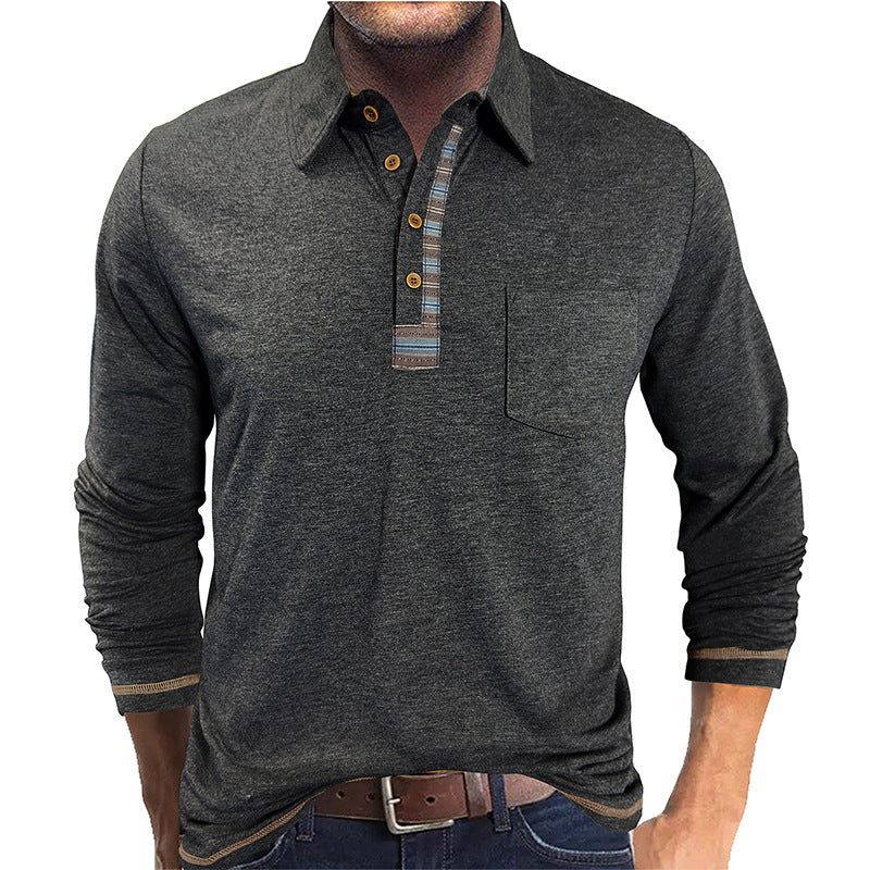 Men's Button-down Collar Colored Cotton Long Sleeve Polo Shirt