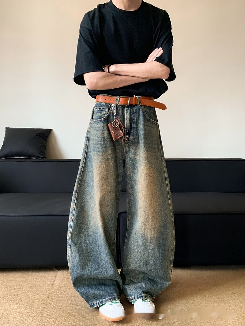 Summer American Retro Distressed Machete Denim Slimming Wide-leg Pants For Men