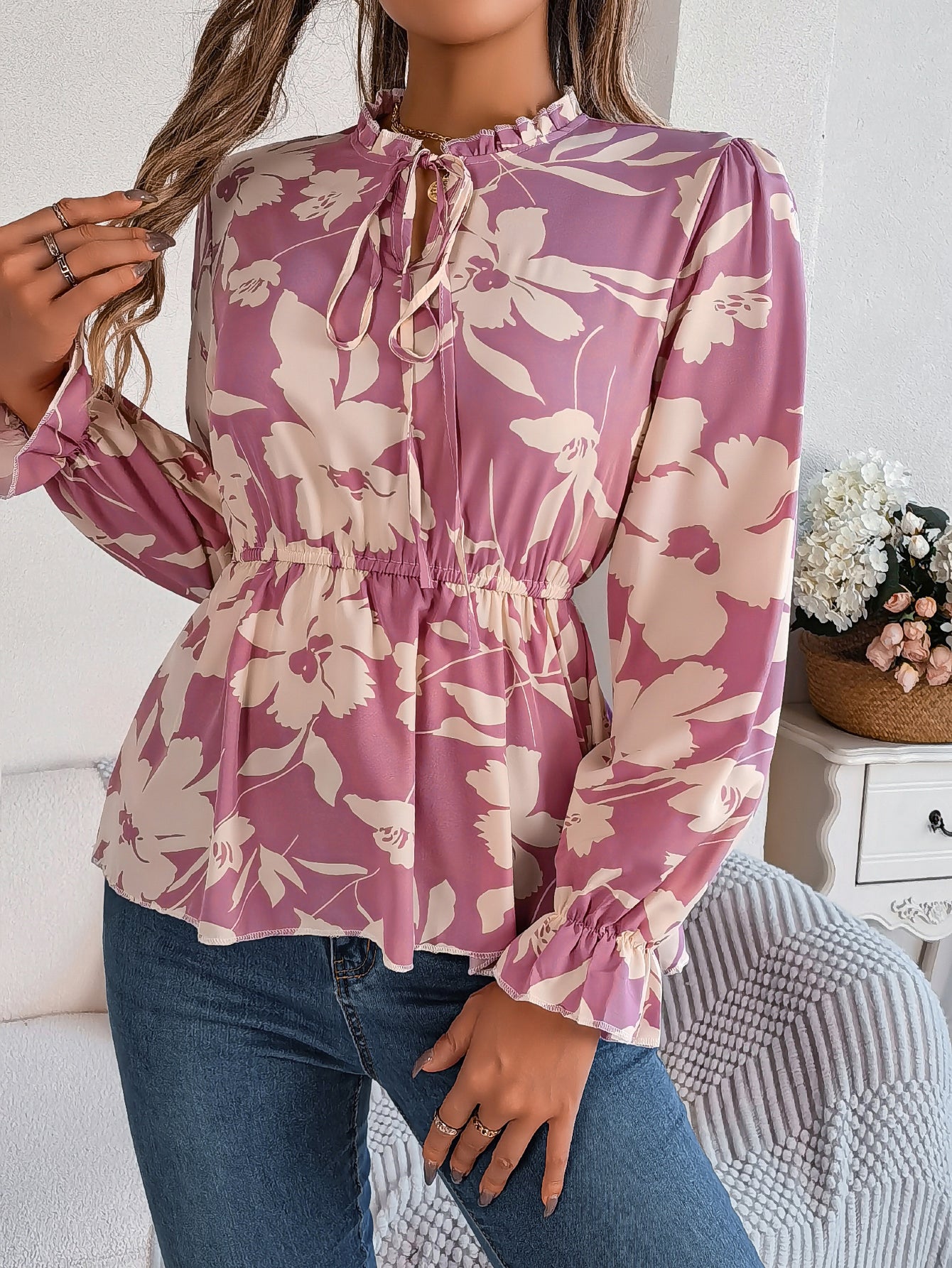 Women's Floral Tie-Waist Long Sleeve Chiffon Top