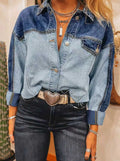 Patchwork Color Denim Jacket With Buttoned Hem And Long Sleeves