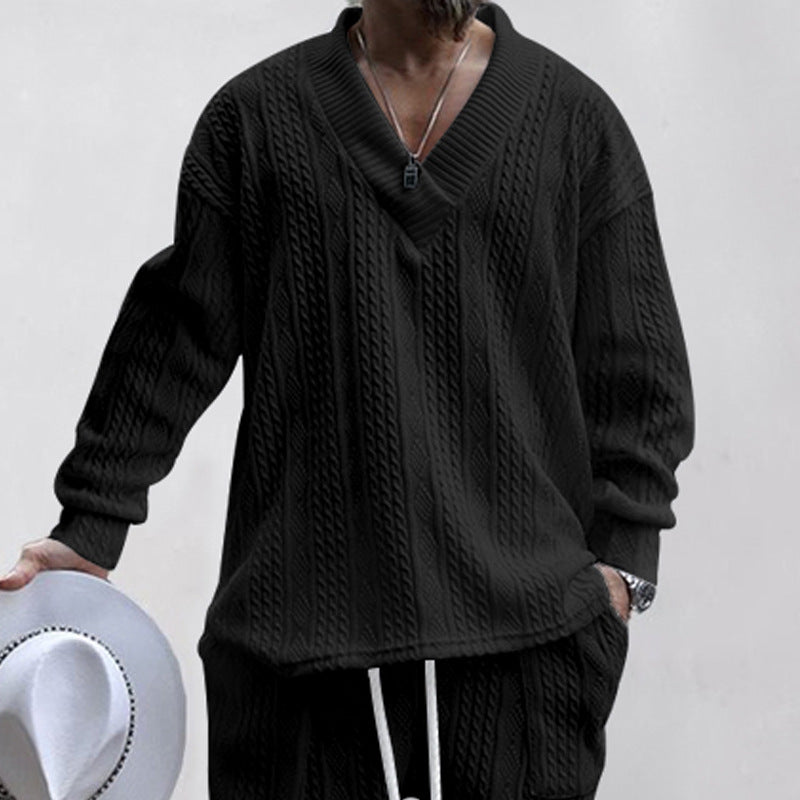 European And American Style Men's Clothing Jacquard Loose-fitting Knitted Solid Color Casual V-neck Long-sleeve Knitwear