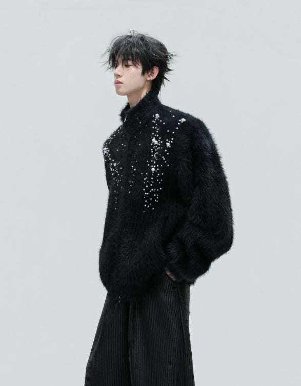 Turtleneck Plush Pearl Embellished Sweater Cardigan