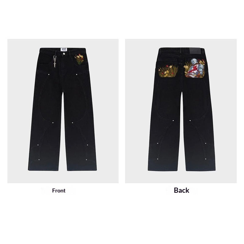 Black Jeans With Embroidered Silver Knight Armor