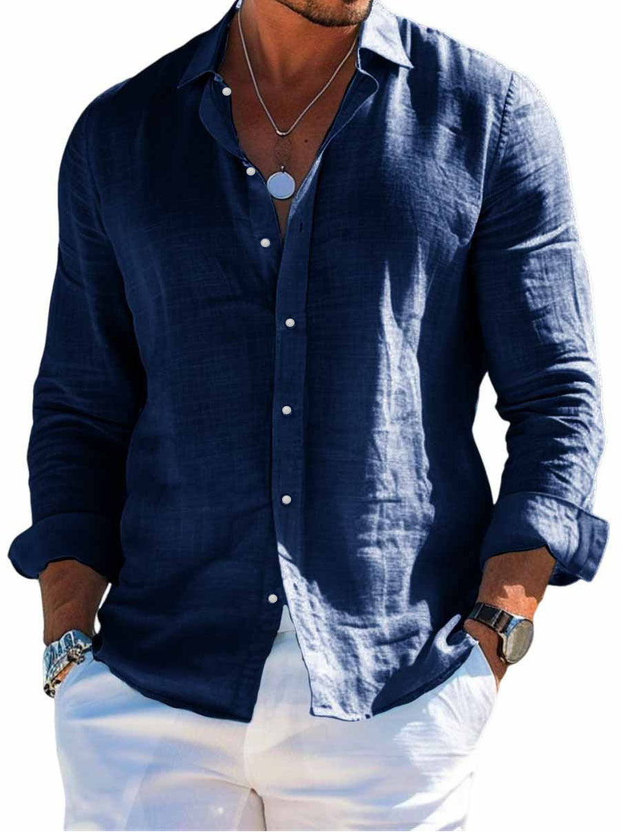 Men's Solid-Colored Lapel Beach Long-Sleeve Shirt