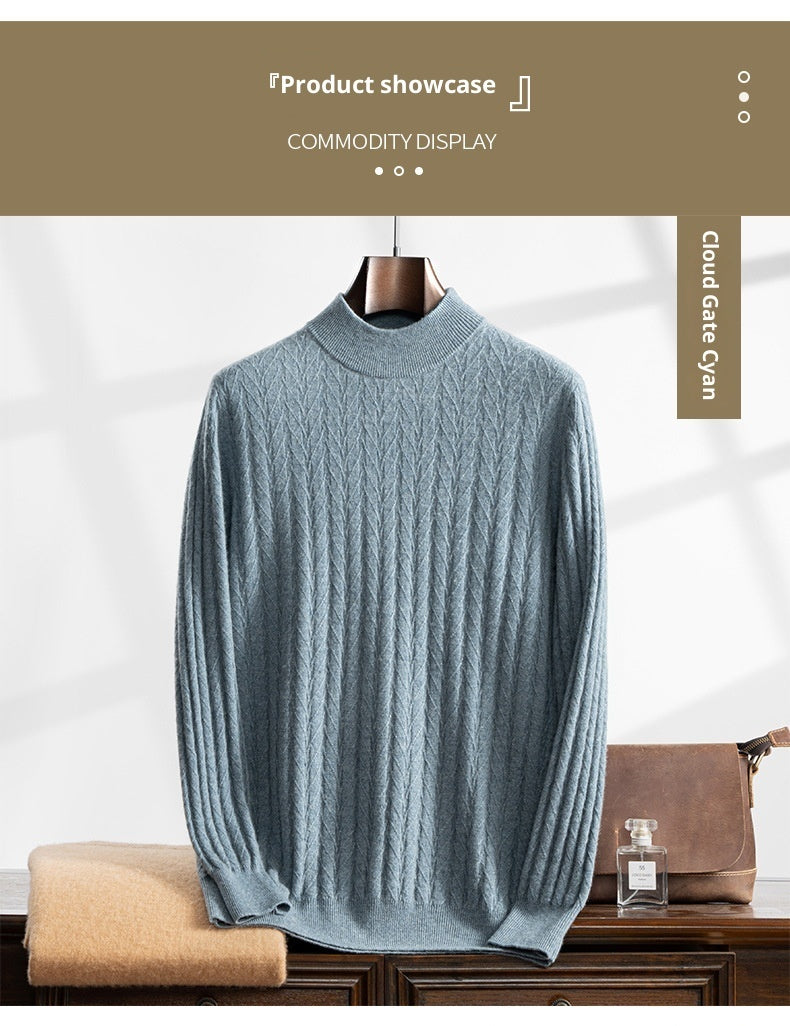 Thickened Wheat Jacquard Cashmere Sweater Men's Half-high Collar Solid Color Sweater