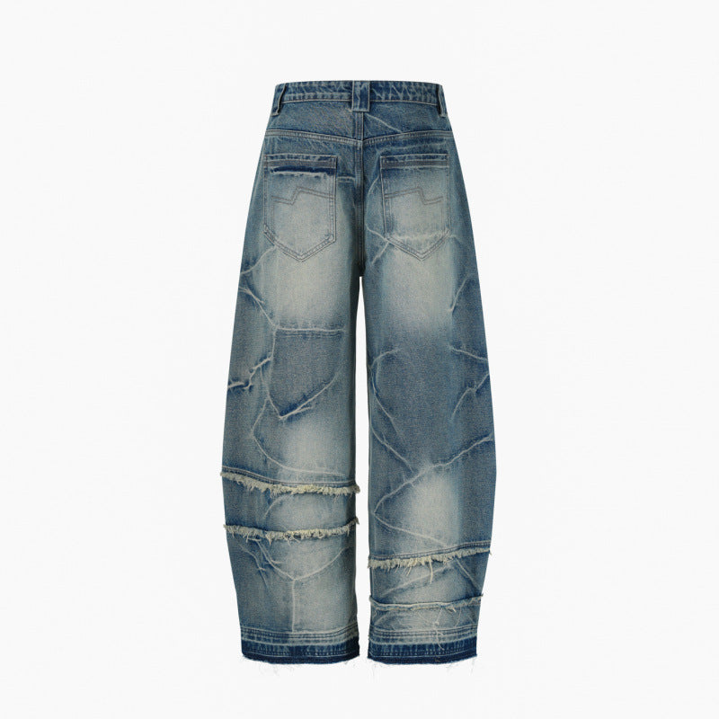 Lightning Texture Frayed Washed Wide-leg Jeans