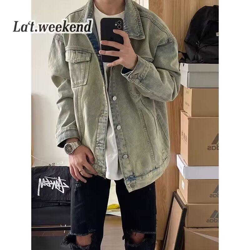 Washed Workwear Retro Denim Jacket For Men