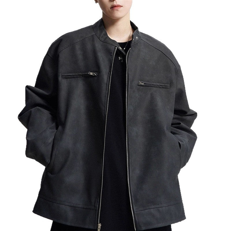 Vintage Brown Motorcycle Leather Autumn Merard Stand-up Collar Distressed Coat