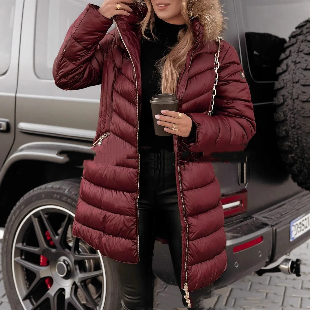 Mid-length Large Fur Collar Fashionable Slim-fit Cotton Coat Winter Jacket