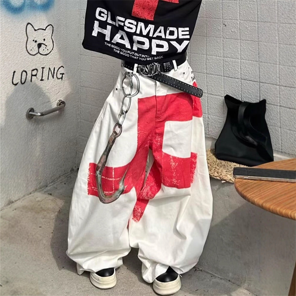 American Retro Heavy-duty Design Graffiti Print Wide-leg Pants