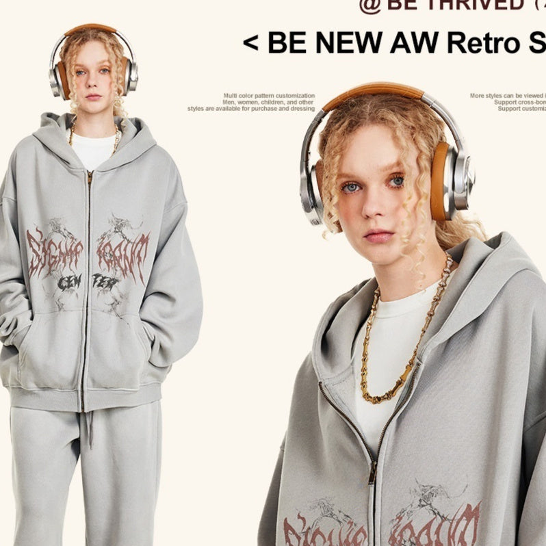 Gothic Style Zippered Hooded Sweatshirt Cardigan Jacket For Men