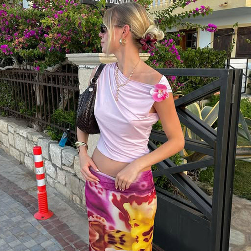 Girly, Sexy, Off-the-Shoulder Pleated 3D Floral Short-Sleeve Cropped T-Shirt