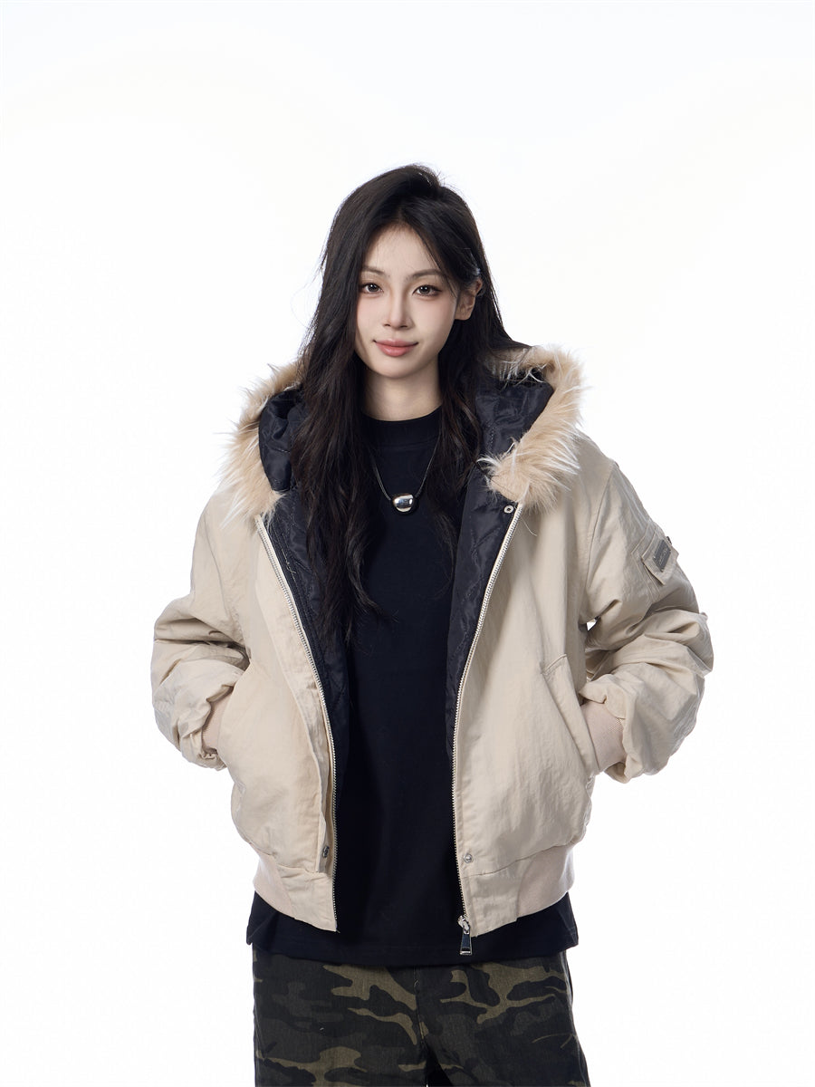 Solid Color Simple Fur Collar Jacket Women's Retro Casual Thickening Short All-match Coat