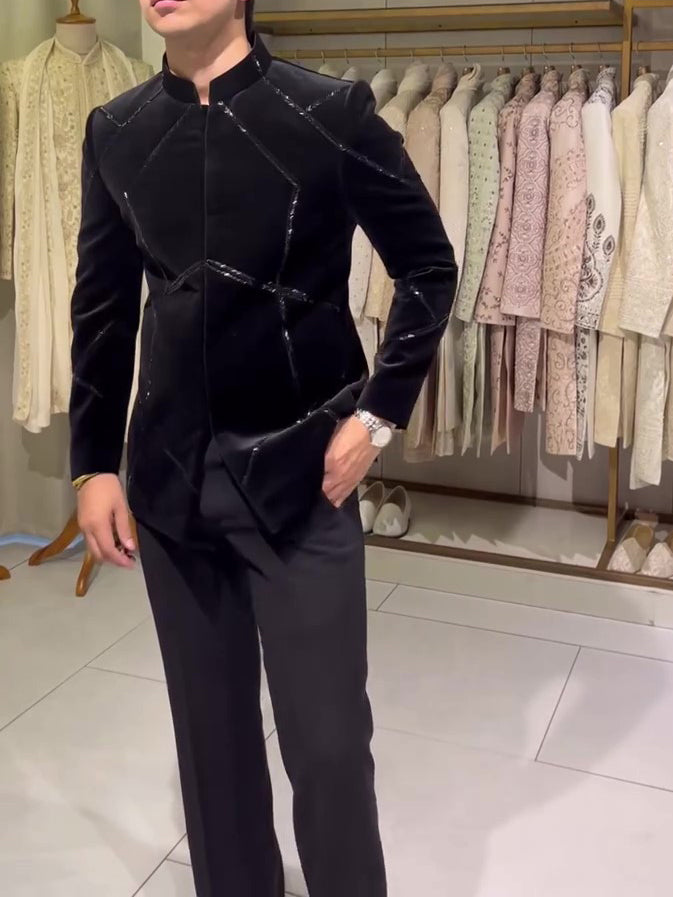 Chic Black Structured Jacket With Contrast Geometric Accents