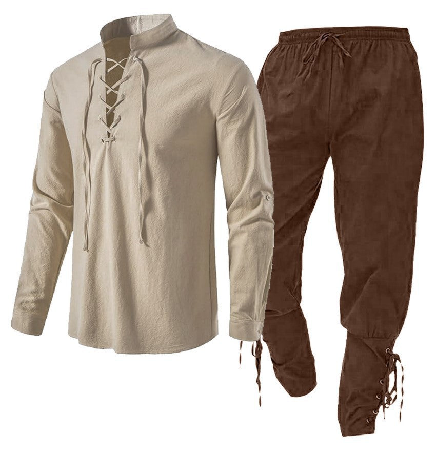 Men's Long Sleeve Linen Cotton Shirt Casual Solid Color Two-Piece Set