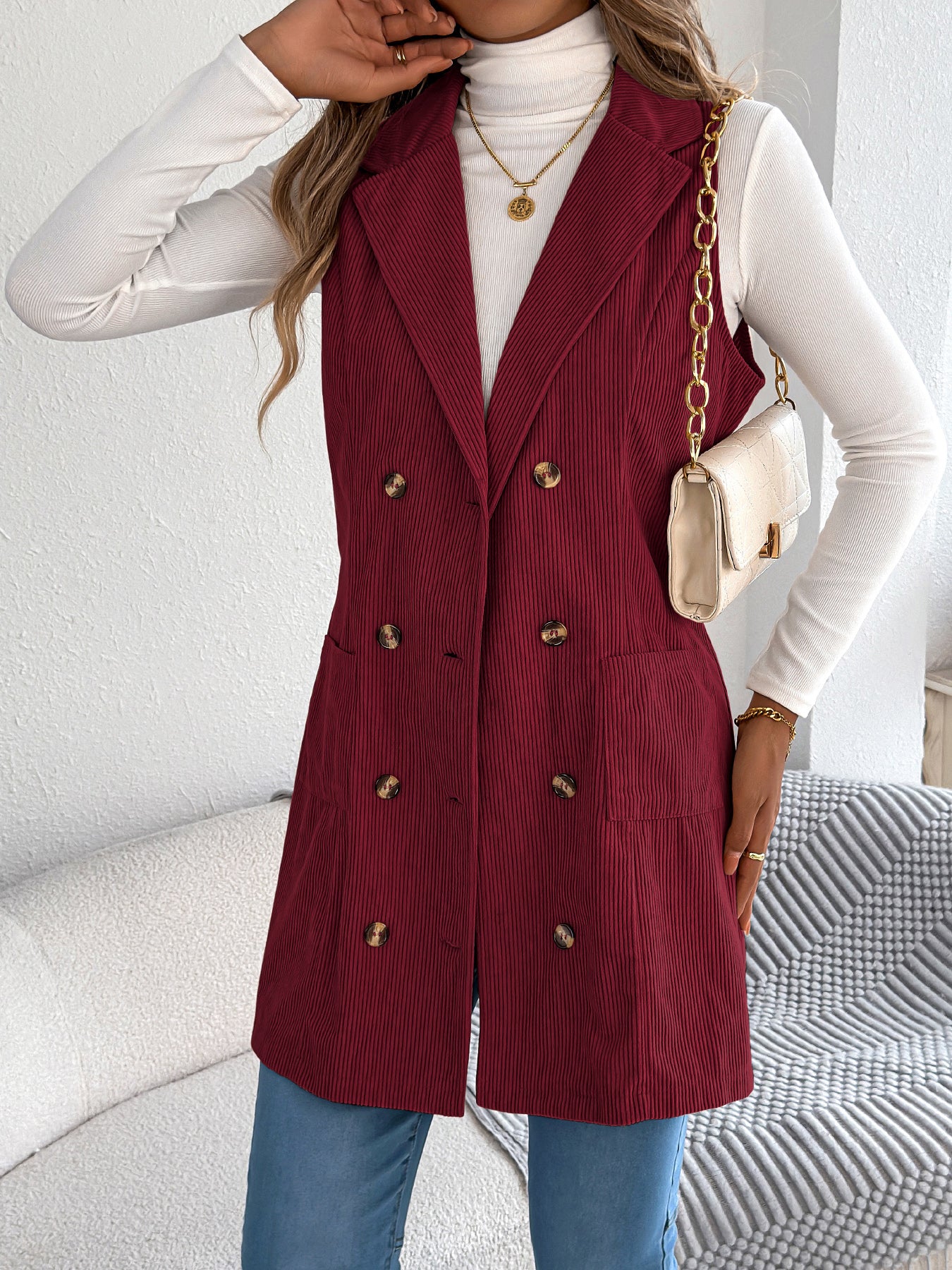 Women's Solid Color Double-Breasted Pocket Corduroy Long Vest Jacket