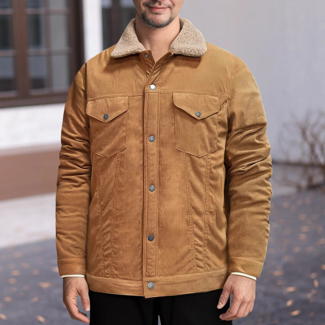 Men's Long Sleeve Lapel Corduroy Fleece-lined Jacket
