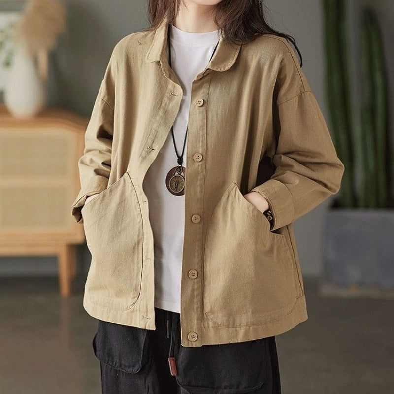 Retro Twill Cotton Large Pocket Single Breasted Loose Casual Top