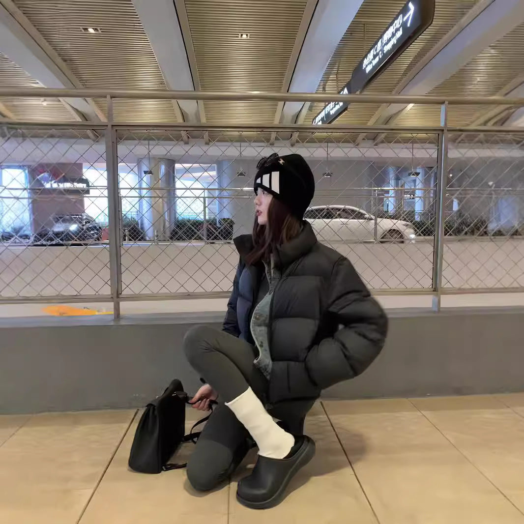 Women's Short Solid Color High-waisted Stand-collar Padded Cotton Coat